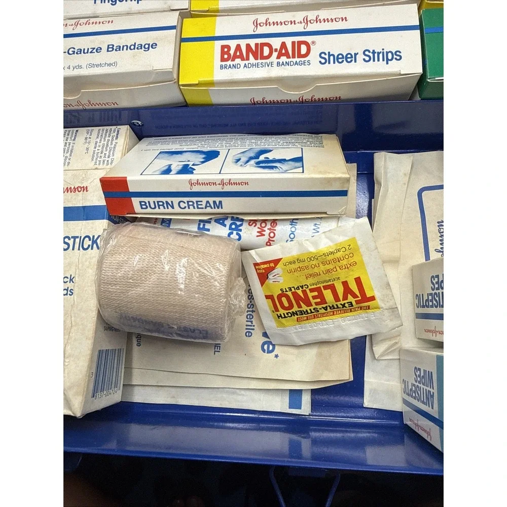 VTG Metal Johnson & Johnson First Aid Kit W/ Contents 8173 Cobalt Blue 13.5x9